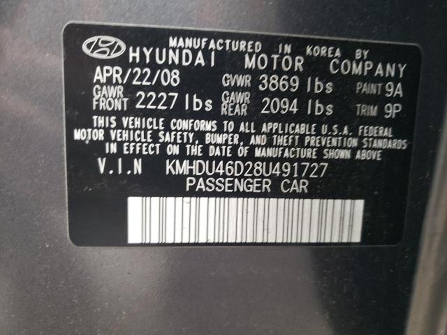 KMHDU46D28U491727 - 2008 HYUNDAI ELANTRA GLS GRAY photo 12