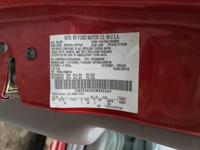 1FAFP38352W342264 - 2002 FORD FOCUS ZTS RED photo 12