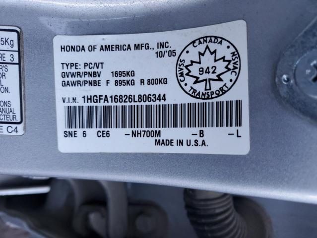 1HGFA16826L806344 - 2006 HONDA CIVIC EX SILVER photo 12