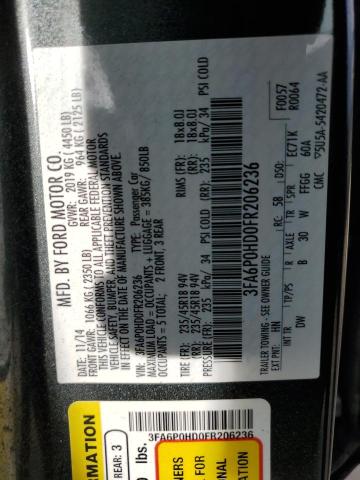 3FA6P0HD0FR206236 - 2015 FORD FUSION SE GRAY photo 12