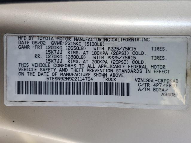 5TESN92N92Z114704 - 2002 TOYOTA TACOMA XTRACAB PRERUNNER თაფლისფერი ფოტო 12