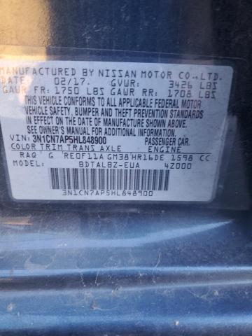 3N1CN7AP5HL848900 - 2017 NISSAN VERSA S BLUE photo 12