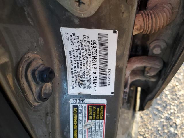 2HGFA16918H502656 - 2008 HONDA CIVIC EXL ვერცხლისფერი ფოტო 12