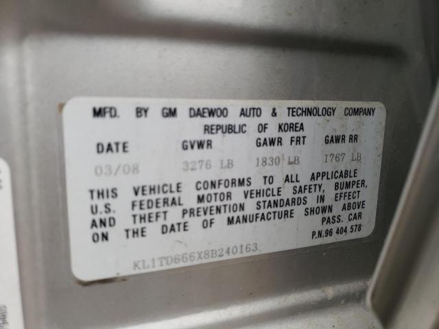 KL1TD666X8B240163 - 2008 CHEVROLET AVEO BASE 银色 照片 13