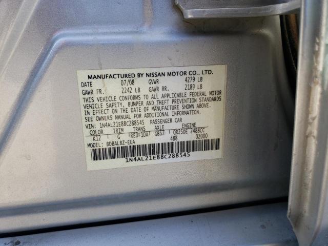 1N4AL21E88C288545 - 2008 NISSAN ALTIMA 2.5 SILVER photo 12