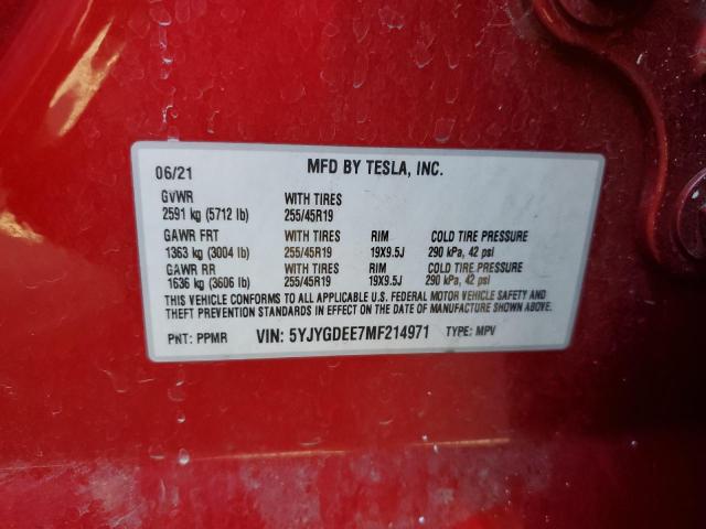 5YJYGDEE7MF214971 - 2021 TESLA MODEL Y RED photo 13