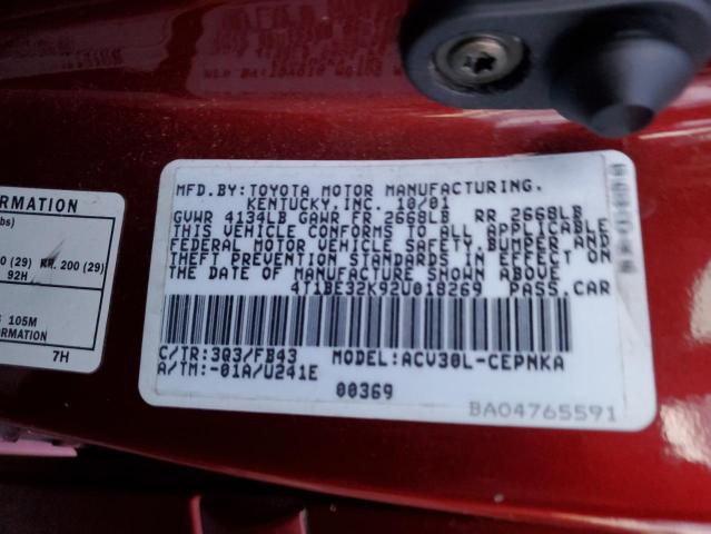 4T1BE32K92U018269 - 2002 TOYOTA CAMRY LE RED photo 12