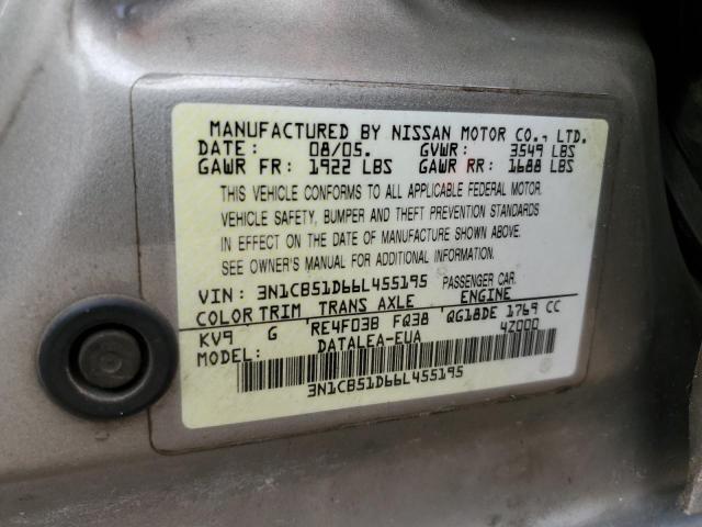 3N1CB51D66L455195 - 2006 NISSAN SENTRA 1.8 SILVER photo 12