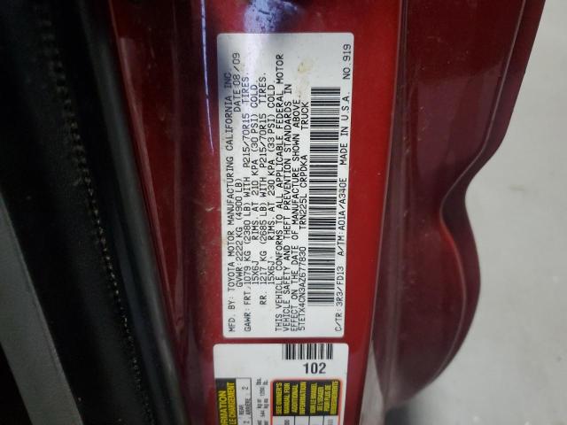 5TETX4CN3AZ677830 - 2010 TOYOTA TACOMA ACCESS CAB RED photo 12