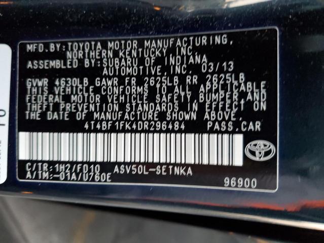 4T4BF1FK4DR296484 - 2013 TOYOTA CAMRY L BLACK photo 13