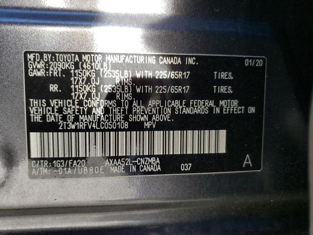 2T3W1RFV4LC050108 - 2020 TOYOTA RAV4 XLE GRAY photo 12