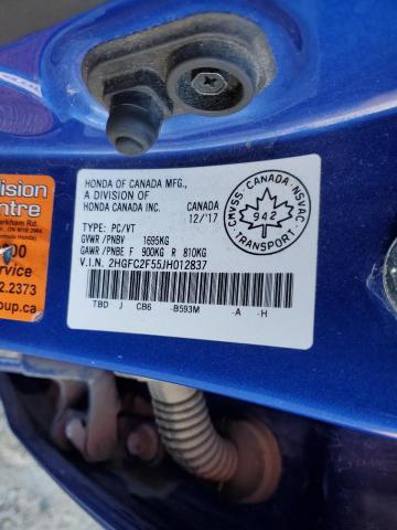 2HGFC2F55JH012837 - 2018 HONDA CIVIC LX BLUE photo 12