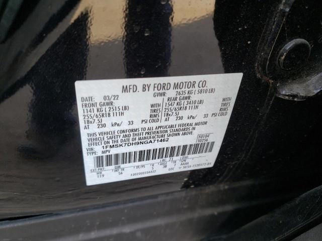 1FMSK7DH9NGA71462 - 2022 FORD EXPLORER XLT BLACK photo 13