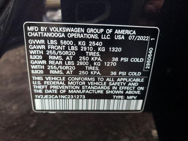 1V2JE2CA1NC231273 - 2022 VOLKSWAGEN ATLAS CROS SE BLACK photo 12