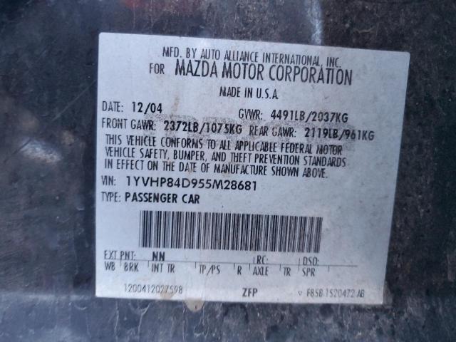 1YVHP84D955M28681 - 2005 MAZDA 6 S BLACK photo 12