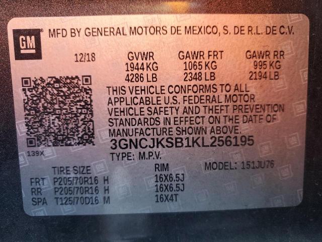 3GNCJKSB1KL256195 - 2019 CHEVROLET TRAX LS CHARCOAL photo 14