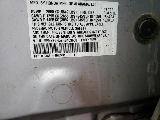 5FNYF6H57HB103630 - 2017 HONDA PILOT EXL GRAY photo 13