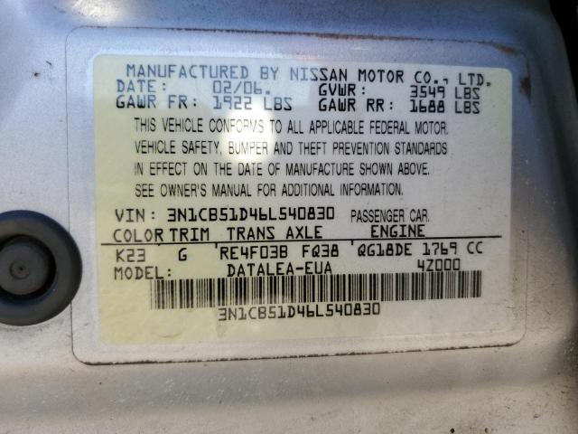 3N1CB51D46L540830 - 2006 NISSAN SENTRA 1.8 SILVER photo 12