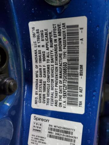 19XFC2F72GE068593 - 2016 HONDA CIVIC EX BLUE photo 12