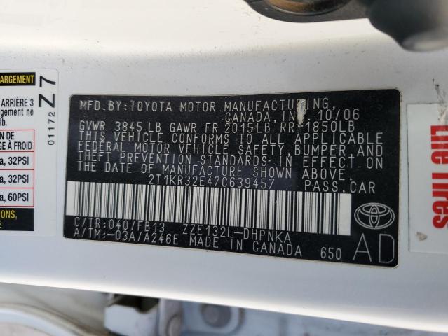 2T1KR32E47C639457 - 2007 TOYOTA COROLLA MA XR WHITE photo 13
