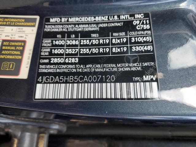 4JGDA5HB5CA007120 - 2012 MERCEDES-BENZ ML 350 4MATIC GRAY photo 12