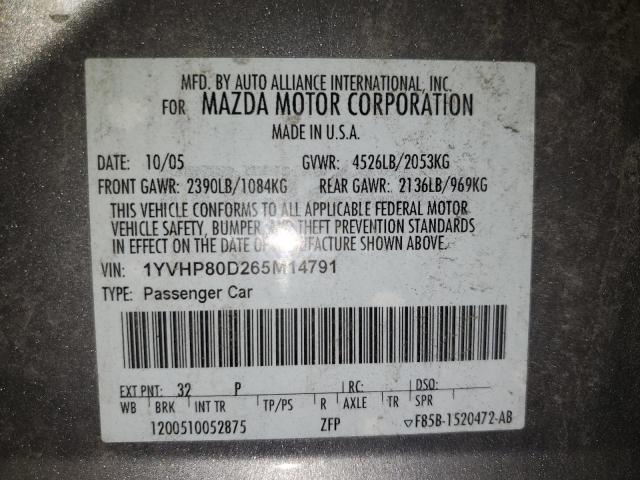 1YVHP80D265M14791 - 2006 MAZDA 6 S GRAY photo 12