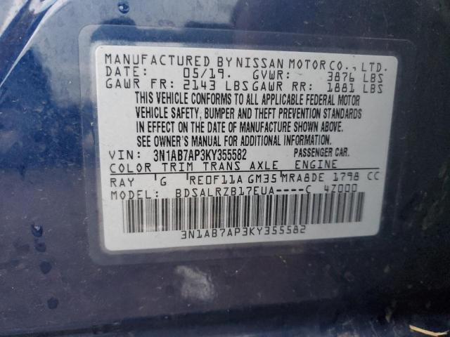 3N1AB7AP3KY355582 - 2019 NISSAN SENTRA S BLUE photo 12