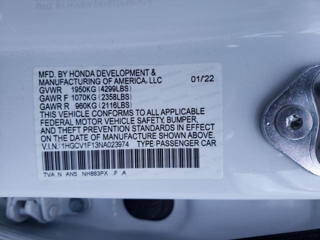 1HGCV1F13NA023974 - 2022 HONDA ACCORD LX WHITE photo 12