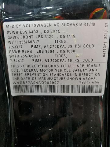 WVGBF7A94AD002997 - 2010 VOLKSWAGEN TOUAREG V6 BLACK photo 13