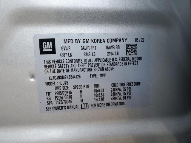 KL7CJNSM2NB544726 - 2022 CHEVROLET TRAX LS SILVER photo 13