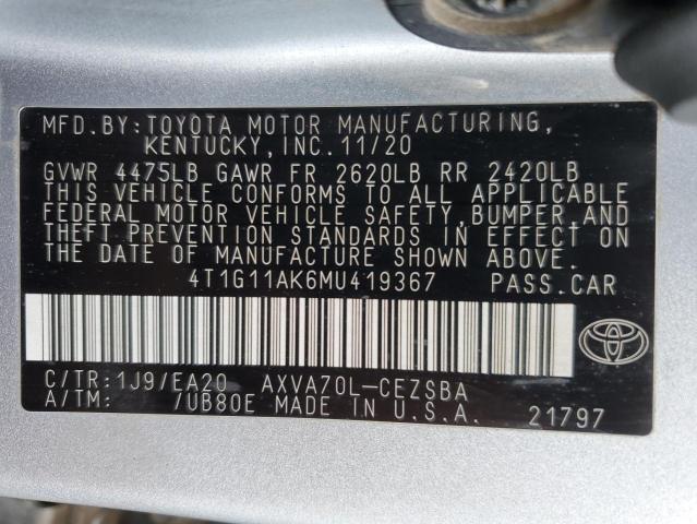 4T1G11AK6MU419367 - 2021 TOYOTA CAMRY SE SILVER photo 13