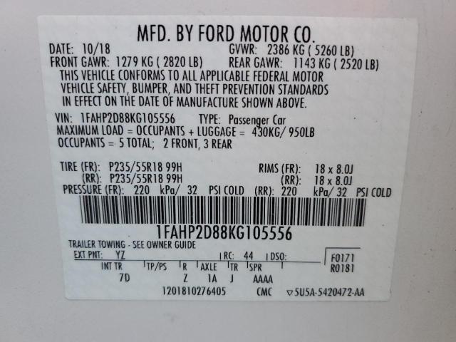 1FAHP2D88KG105556 - 2019 FORD TAURUS SE WHITE photo 12