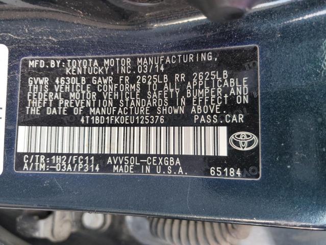 4T1BD1FK0EU125376 - 2014 TOYOTA CAMRY HYBRID BLUE photo 13