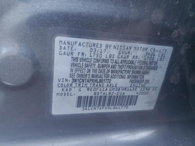 3N1CN7APXHL861772 - 2017 NISSAN VERSA S GRAY photo 12