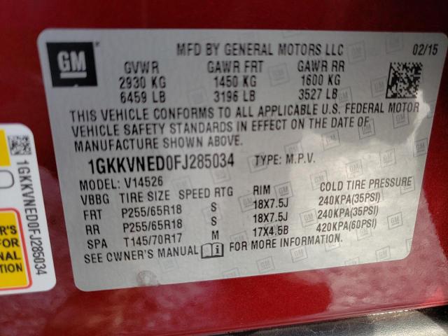 1GKKVNED0FJ285034 - 2015 GMC ACADIA SLE RED photo 14