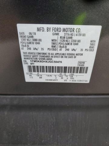 1FM5K8DHXJGC50476 - 2018 FORD EXPLORER XLT GRAY photo 13