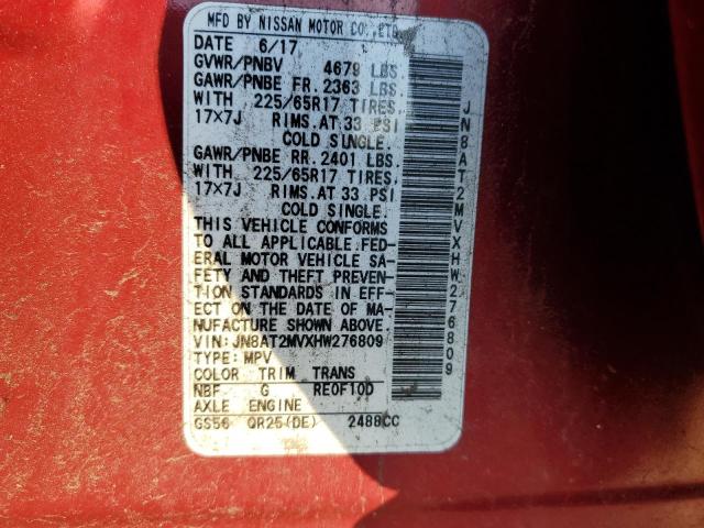 JN8AT2MVXHW276809 - 2017 NISSAN ROGUE S RED photo 12