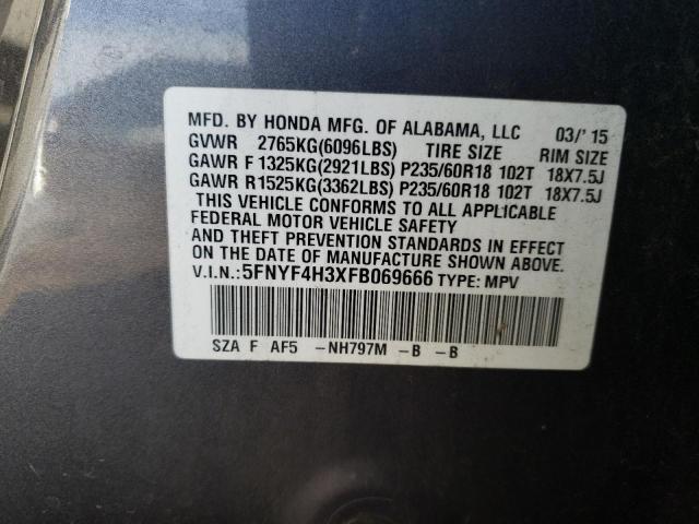 5FNYF4H3XFB069666 - 2015 HONDA PILOT SE GRAY photo 12