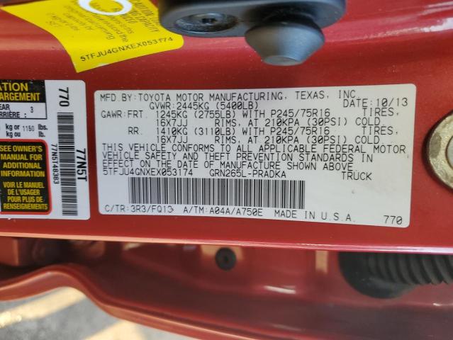 5TFJU4GNXEX053174 - 2014 TOYOTA TACOMA DOUBLE CAB PRERUNNER BURGUNDY photo 12