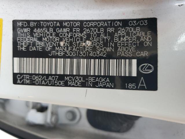 JTHBF30G130140342 - 2003 LEXUS ES 300 WHITE photo 12