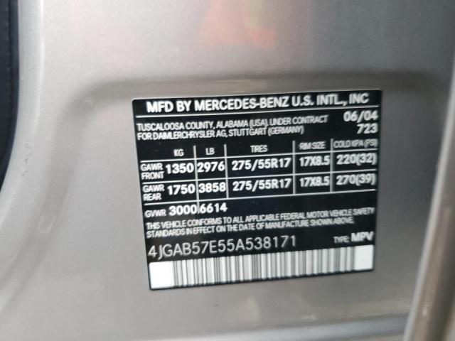 4JGAB57E55A538171 - 2005 MERCEDES-BENZ ML 350 SILVER photo 13