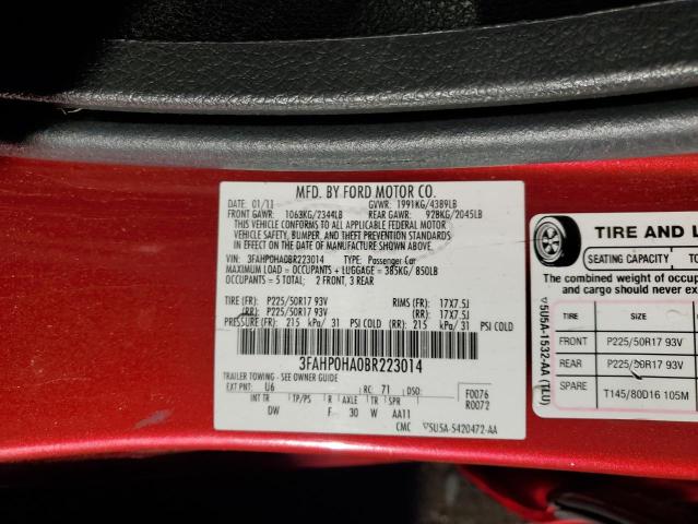 3FAHP0HA0BR223014 - 2011 FORD FUSION SE RED photo 13