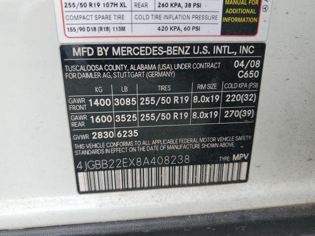 4JGBB22EX8A408238 - 2008 MERCEDES-BENZ ML 320 CDI WHITE photo 13