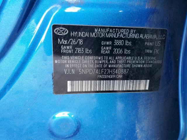 5NPD74LF2JH340887 - 2018 HYUNDAI ELANTRA SE BLUE photo 12