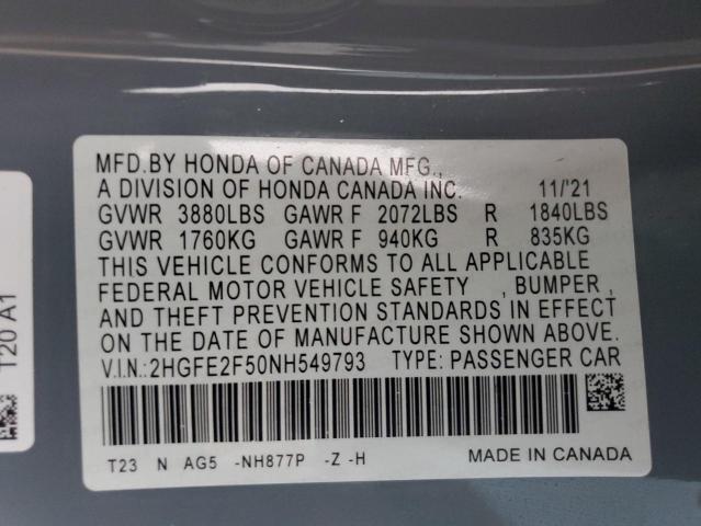 2HGFE2F50NH549793 - 2022 HONDA CIVIC SPORT 灰色 照片 12
