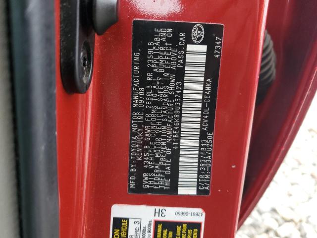 4T1BE46K89U357423 - 2009 TOYOTA CAMRY BASE RED photo 13