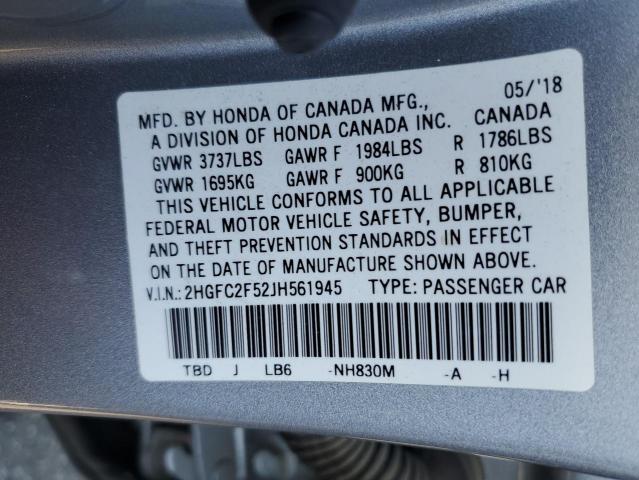 2HGFC2F52JH561945 - 2018 HONDA CIVIC LX SILVER photo 12