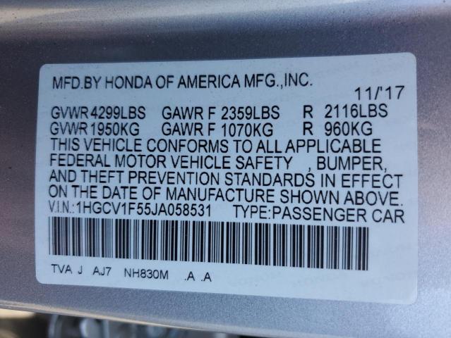 1HGCV1F55JA058531 - 2018 HONDA ACCORD EXL SILVER photo 12