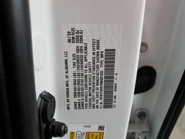 5FNYF6H01MB001335 - 2021 HONDA PILOT ELITE WHITE photo 13