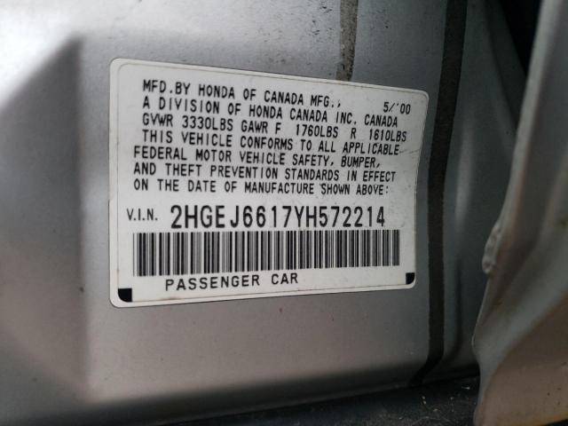 2HGEJ6617YH572214 - 2000 HONDA CIVIC BASE SILVER photo 12